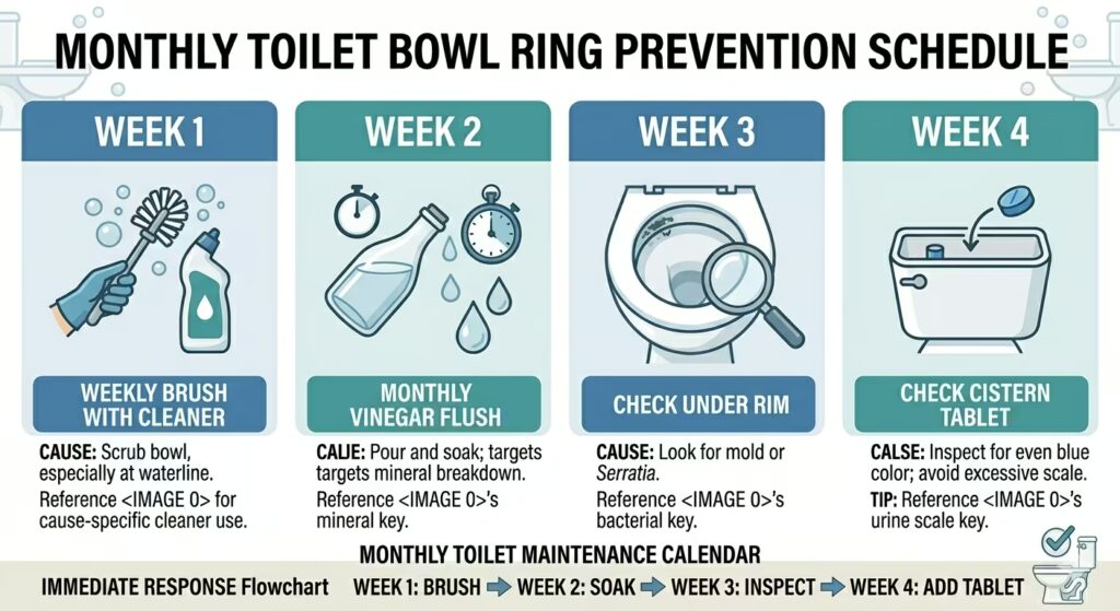 Monthly toilet maintenance calendar showing four prevention tasks: weekly brush cleaning, monthly vinegar flush, under-rim check, and cistern tablet check.