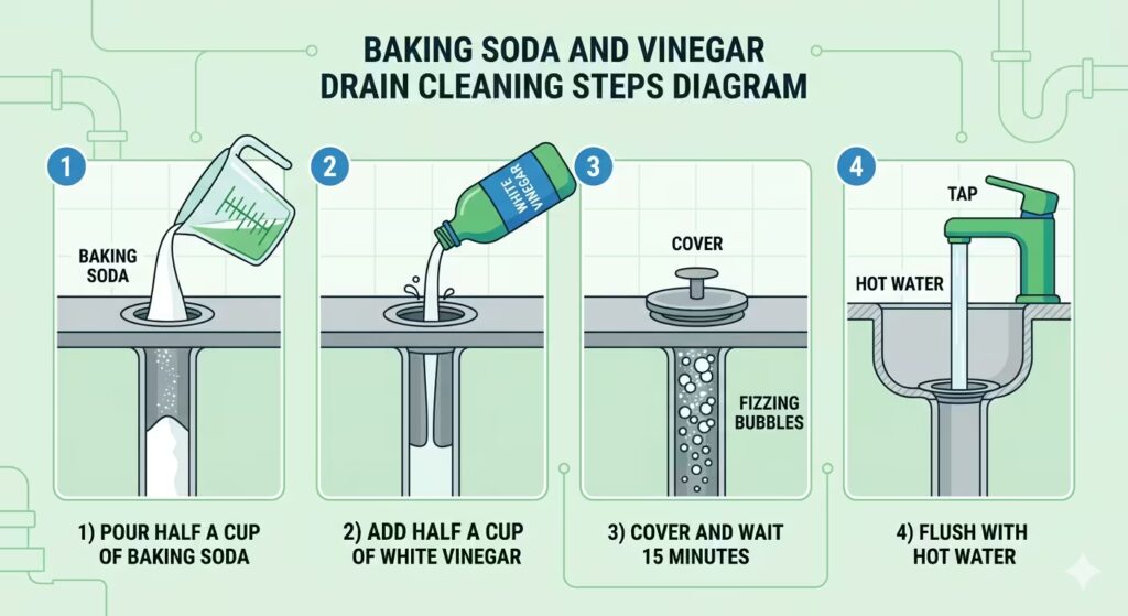 Four-step diagram showing how to use baking soda and vinegar to clean a drain: pour baking soda, add vinegar, cover and wait, then flush with hot water.