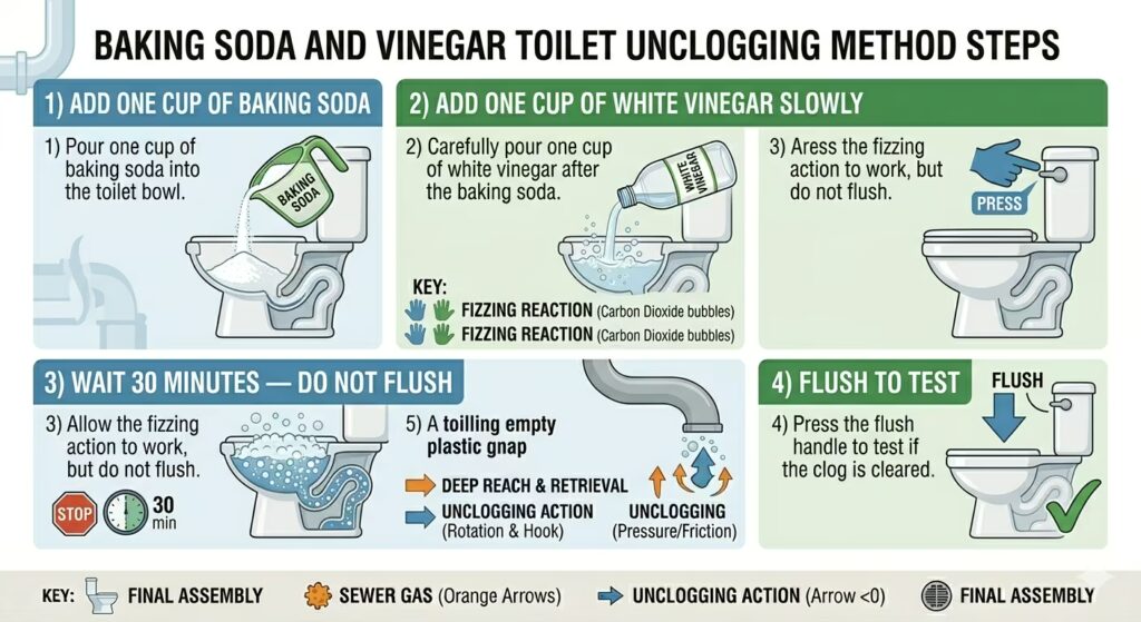 Four-step diagram showing how to unclog a toilet with baking soda and vinegar: add baking soda, add vinegar, wait thirty minutes, then flush to test.