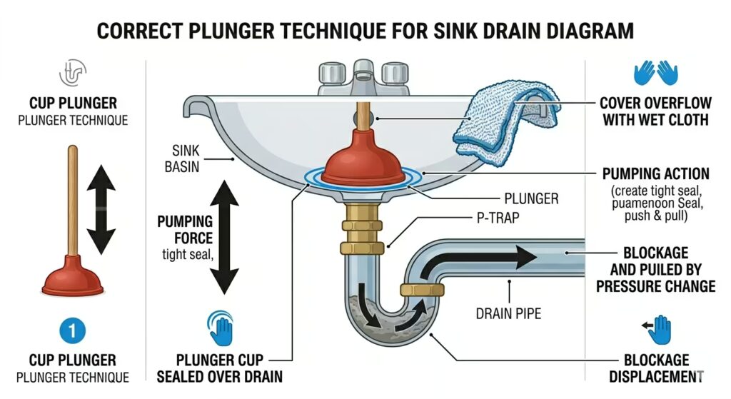 Cross-section diagram showing correct plunger placement over a sink drain with the overflow hole covered, demonstrating the pumping motion that dislodges a clog.