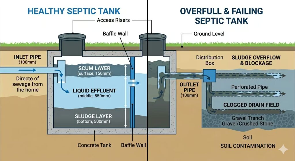Image prompt: A simple before-and-after diagram showing a septic tank: left side shows healthy tank with clear sludge, effluent, and scum layers labeled; right side shows an overfull tank with sludge overflow into drain field pipes.