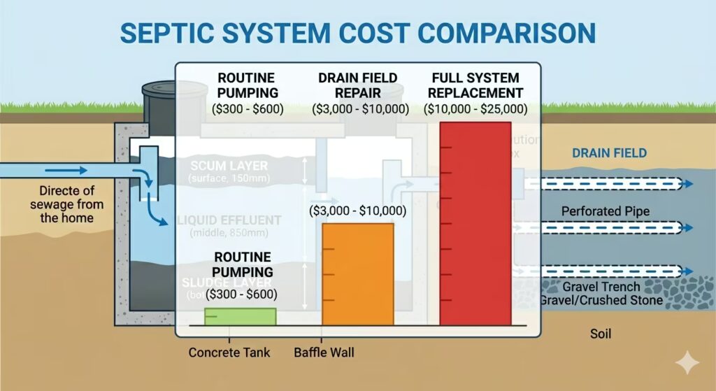 A simple cost comparison bar chart infographic showing: Routine Pumping ($300-$600) vs Drain Field Repair ($3,000-$10,000) vs Full System Replacement ($10,000-$25,000). Flat bar chart design, green for routine, orange for repair, red for replacement. 
