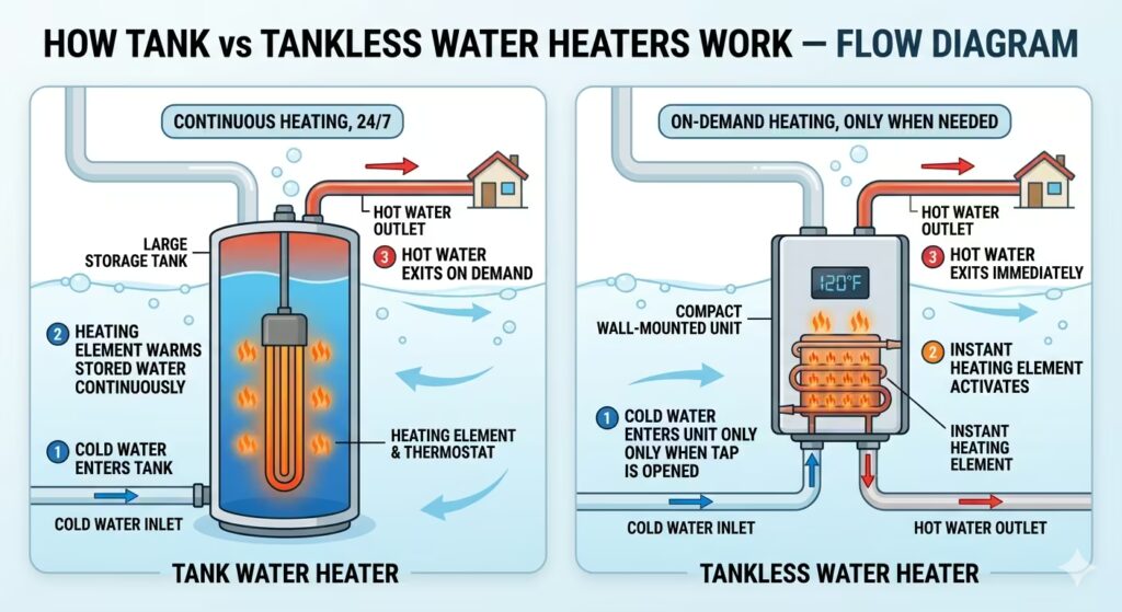 Flow diagram comparing how a tank water heater stores and heats water continuously versus how a tankless heater activates only when hot water is needed.