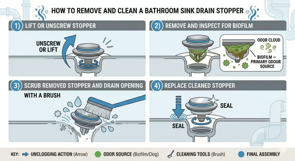  Four-step diagram showing how to remove a bathroom sink drain stopper, identify the biofilm coating on the underside as the odour source, scrub it clean, and replace it.