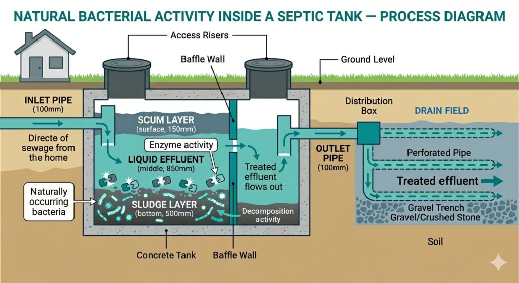 Cross-section diagram of a septic tank showing the natural flow of waste through bacterial decomposition in the sludge layer and treated effluent exiting to the drain field.