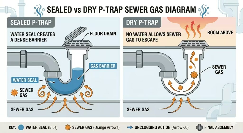 Cross-section diagram comparing a sealed P-trap with water blocking sewer gas versus a dry P-trap with no water seal allowing sewer gas to enter the room.