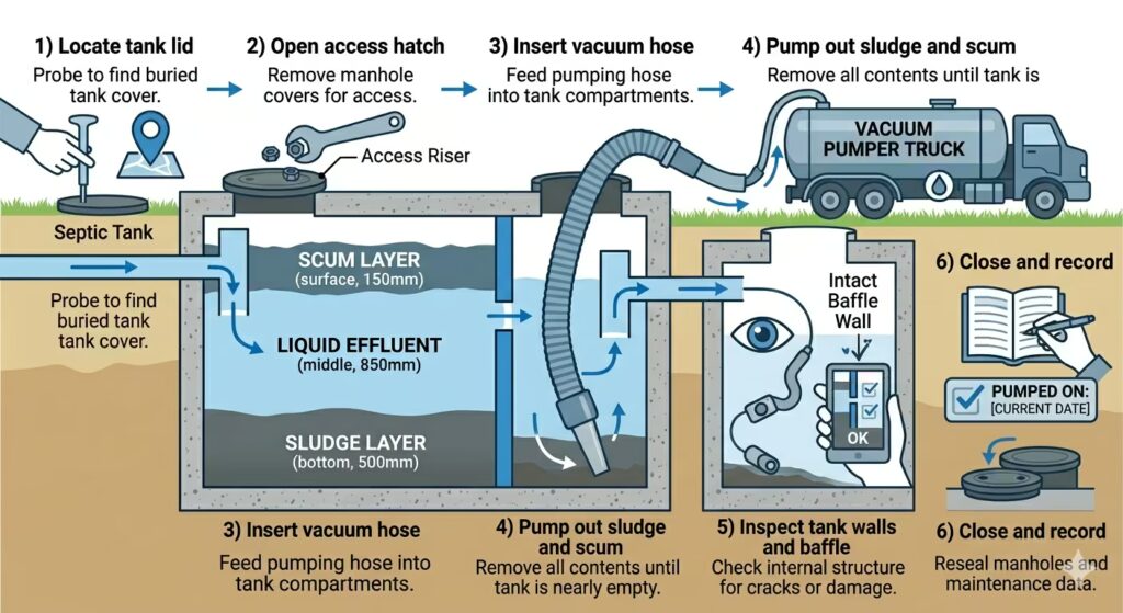 A step-by-step process flow diagram showing the septic pumping sequence: 1) Locate tank lid, 2) Open access hatch, 3) Insert vacuum hose, 4) Pump out sludge and scum, 5) Inspect tank walls and baffle, 6) Close and record. 