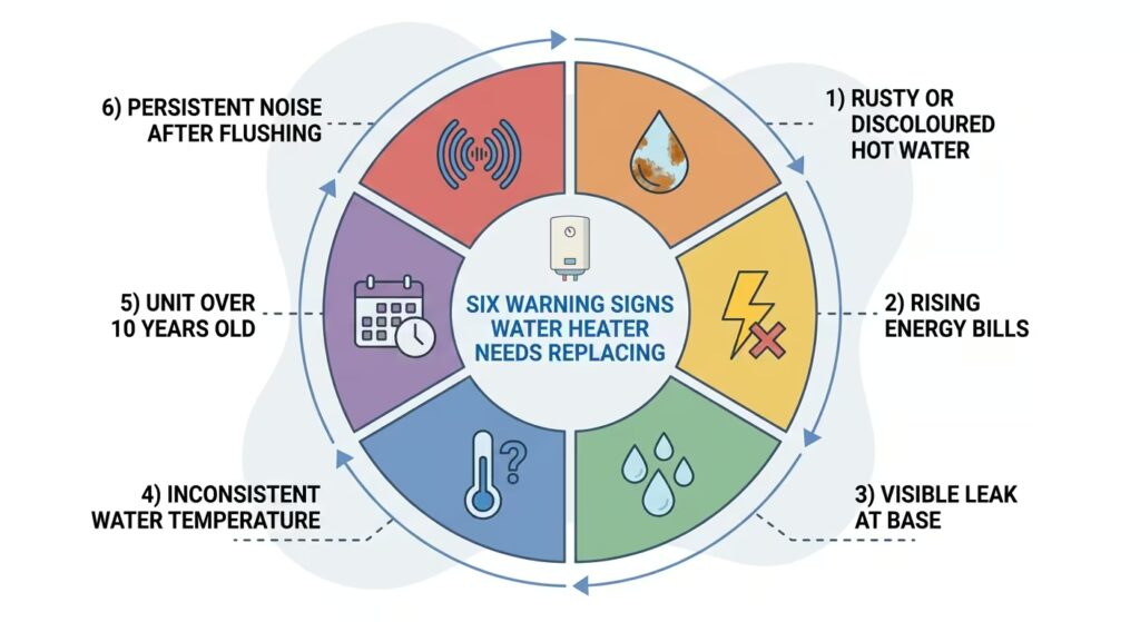 Six-segment icon diagram showing the warning signs that a water heater needs replacing: rusty water, rising energy bills, leaks, inconsistent temperature, age over ten years, and persistent noise.