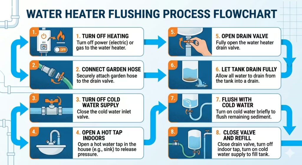 Step-by-step flowchart showing the eight stages of flushing a water heater from turning off the heat to refilling the tank.