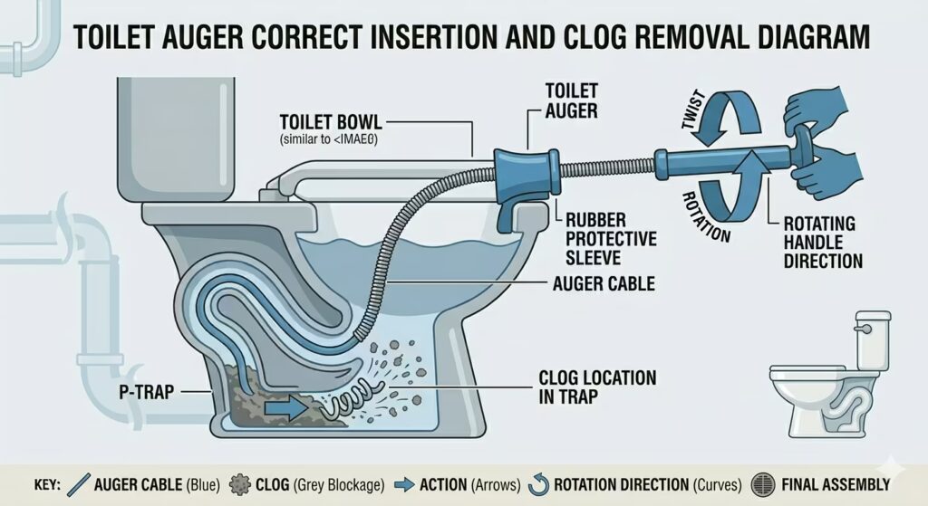 Cross-section diagram of a toilet showing a toilet auger inserted through the bowl into the trap with the rubber sleeve protecting the porcelain and the cable breaking up a clog.