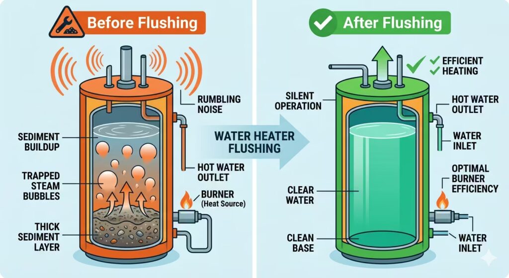 Before and after diagram comparing a water heater tank with heavy sediment buildup causing noise versus a clean flushed tank operating silently.