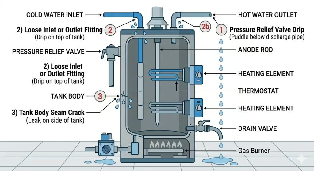 Diagram showing three common water heater leak sources: pressure relief valve, inlet and outlet fittings, and tank body seam cracks.