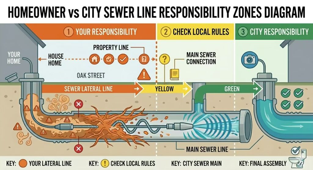 Top-down street diagram showing the homeowner's responsibility zone from house to property line versus the city's responsibility zone for the municipal main sewer line, with a blockage shown in the homeowner's section.