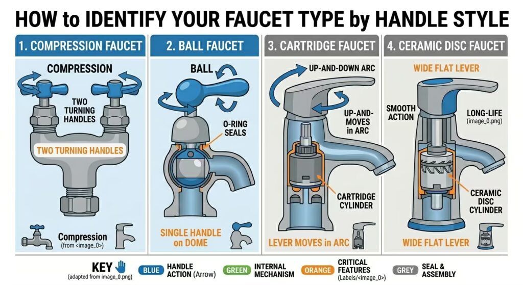 Four-panel identification guide showing the visual differences between compression, ball, cartridge, and ceramic disc faucets based on their handle style and movement.