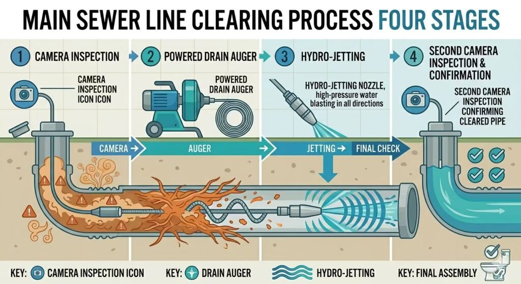 Four-stage flow diagram of main sewer line clearing: camera inspection, mechanical auger clearing, hydro-jetting pipe walls, and final camera confirmation.