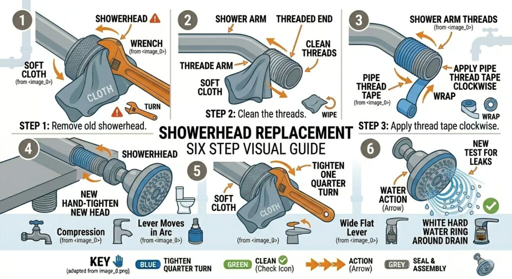 Six-step illustrated guide to showerhead replacement: remove old head, clean threads, apply thread tape clockwise, hand-tighten new head, quarter turn with wrench, and test for leaks.