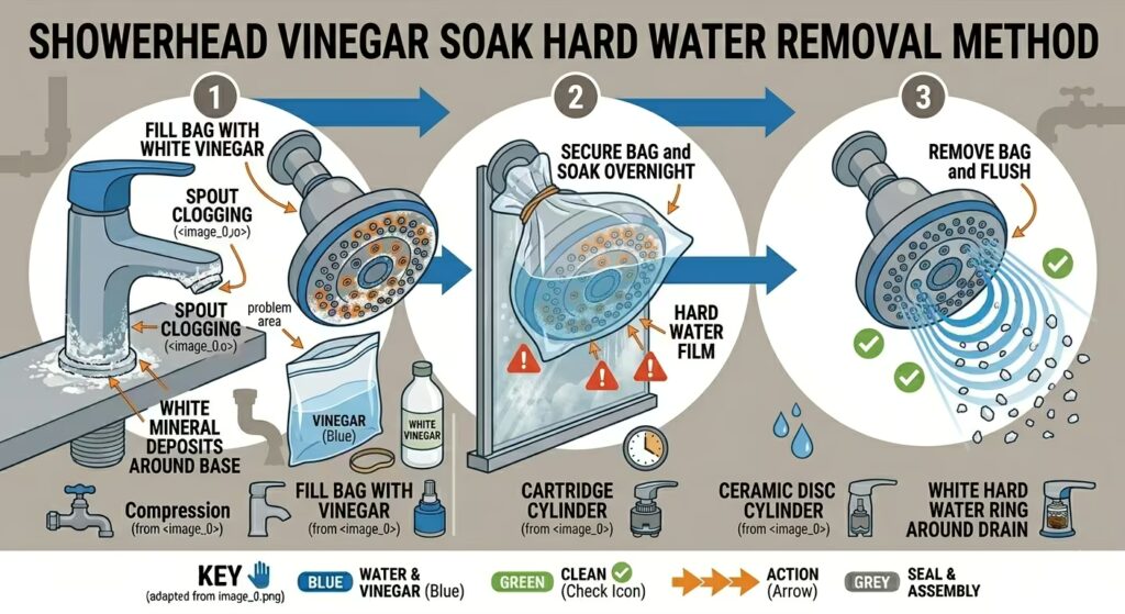 Three-step diagram showing the showerhead vinegar soak method: fill a bag with vinegar, secure it over the showerhead nozzle overnight, then remove and flush to clear mineral deposits.