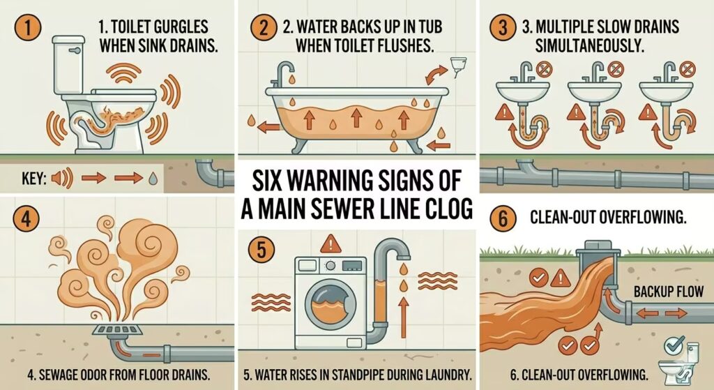 Six-panel infographic showing the warning signs of a main sewer line clog: gurgling toilet, tub backup, multiple slow drains, sewage odor, laundry standpipe overflow, and clean-out overflow.