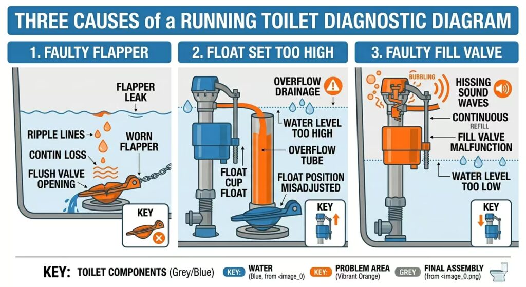  Three-panel diagnostic diagram showing the three causes of a running toilet: faulty flapper with water trickling past it, float set too high with water spilling into overflow tube, and faulty fill valve running continuously.