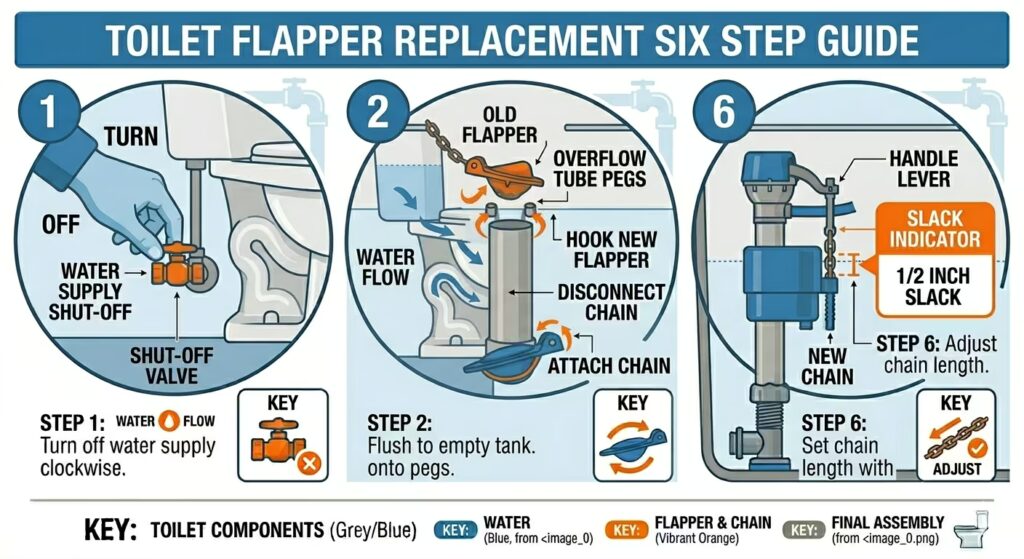 Six-step visual guide showing toilet flapper replacement from turning off the water supply through hooking the new flapper and setting the correct chain length.
