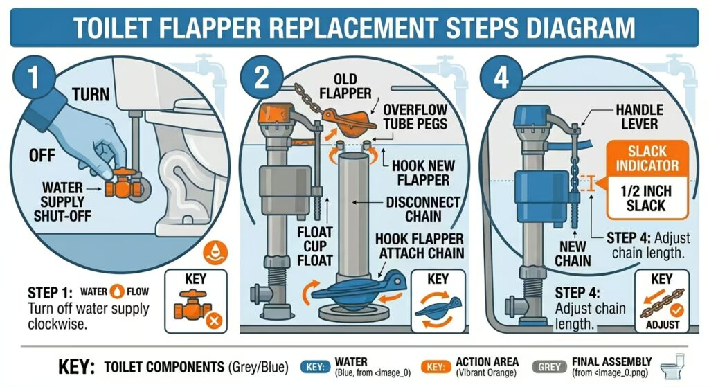 Four-step diagram showing toilet flapper replacement: turn off water supply, remove old flapper from overflow tube pegs, attach new flapper, and adjust chain length with half-inch slack.
